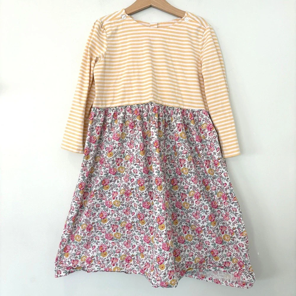 BISBY‎ Kids Girls Rosie Yellow Stripe Floral Dress Sz 12 Button Back Long Sleeve